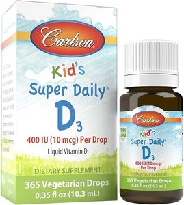 Carlson - Kid's Super Daily D3, Kids Vitamin D Drops, 400 IU (10 mcg) per Drop, Heart & Immune Health, Vegetarian, Liquid Vitamin D Drops, Unflavored, 365 Drops in Pakistan