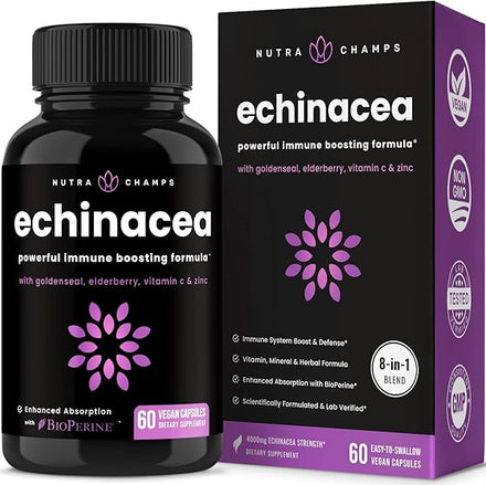 Echinacea Goldenseal 1000mg with Elderberry, Vitamin C, Zinc & Ginger | Immune Boost Vegan Echinacea Capsules with Goldenseal Root & BioPerine for Absorption | Premium Echinacea Root Supplement in Pakistan