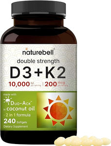 NatureBell Vitamin D3 K2 (10,000 IU Vitamin D + 200mcg Vitamin K MK-7) 240 Softgels with Coconut Oil for Complete Absorption | Bone, Heart, Immune, & Calcium Support | One a Day, Non-GMO in Pakistan