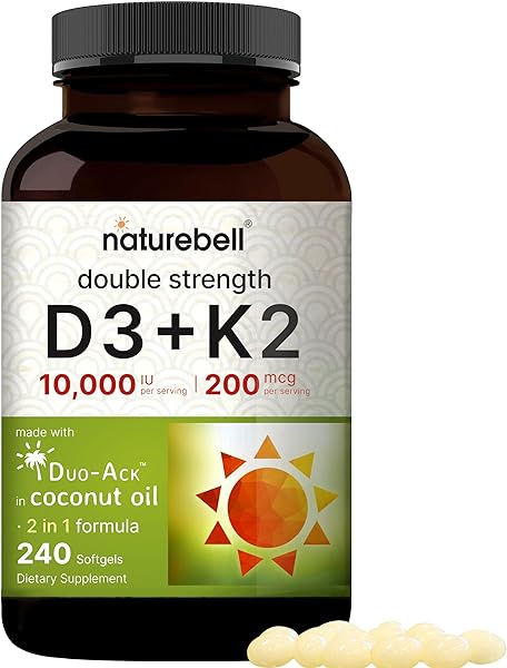 NatureBell Vitamin D3 K2 (10,000 IU Vitamin D + 200mcg Vitamin K MK-7) 240 Softgels with Coconut Oil for Complete Absorption | Bone, Heart, Immune, & Calcium Support | One a Day, Non-GMO in Pakistan in Pakistan