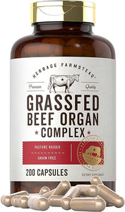 Grass Fed Beef Organ Complex | 200 Capsules | Pasture Raised, Grain Free Supplement | with Desiccated Liver, Kidney, Pancreas, Heart, Spleen | Non-GMO, Gluten Free | by Herbage Farmstead in Pakistan