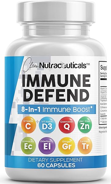 Clean Nutraceuticals Immune Defense Support Supplement 8 in 1 w/Zinc 50mg Quercetin, VIT C 1000mg, Vitamin D3 5000 IU, Elderberry, Turmeric, Echinacea, Immunity System Booster Adults Vegan, 60Ct (USA) in Pakistan in Pakistan