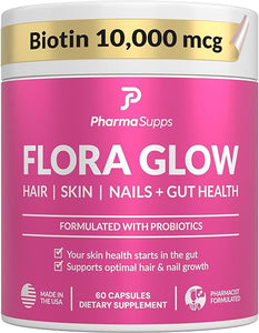 FLORA GLOW Hair, Skin, Nails Plus Gut Health Multivitamin for Women | Made with Probiotics, Biotin 10,000 mcg, Folate, Collagen, & Keratin for Faster Hair Growth Than Gummies | 60 Capsules. in Pakistan