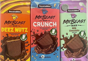 Feastables Mr. Beast Bar Milk Chocolate Variety 6 Count - Deez Nuts Peanut Butter Flavor Milk Chocolate, Milk Crunch, Milk Chocolate Bar, 6 Pack, 2 bar each in Pakistan