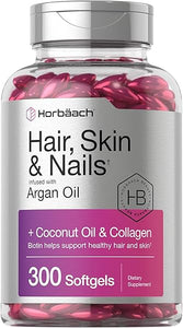 Horbäach Hair Skin and Nails Vitamins | 300 Softgels | with Biotin and Collagen | Infused with Argan Oil and Coconut Oil | Non-GMO, Gluten Free Supplement in Pakistan