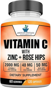 American Standard Supplements Vitamin C 2000mg, Zinc 40mg, and Rose HIPS 50mg Per Serving – Vegan, Gluten Free, Non-GMO, 120 Capsules, 60 Servings in Pakistan