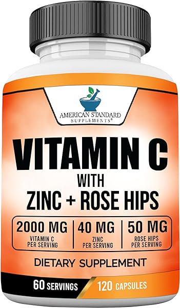 American Standard Supplements Vitamin C 2000mg, Zinc 40mg, and Rose HIPS 50mg Per Serving – Vegan, Gluten Free, Non-GMO, 120 Capsules, 60 Servings in Pakistan in Pakistan