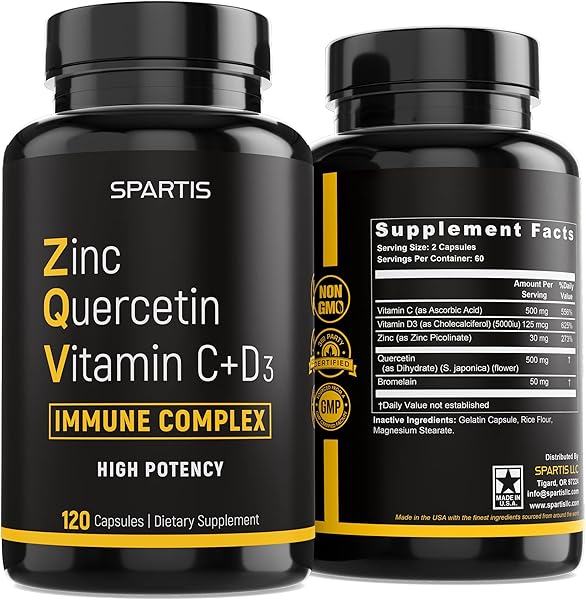 Zinc Quercetin 500mg with Vitamin C Vitamin D3 Bromelain Immune Support High Potency Quercetin Zinc Supplement ZQV by SPARTIS (Pack of 1 Bottle at 120-Caps) in Pakistan in Pakistan