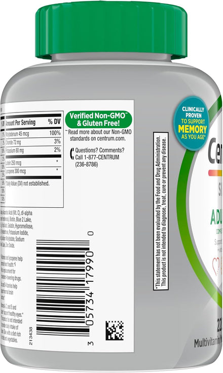 Centrum Silver Multivitamin for Adults 50 Plus, Multivitamin/Multimineral Supplement, Vitamin D3, B Vitamins, Gluten Free, Non-GMO Ingredients, Supports Memory and Cognition in Older Adults - 220 Ct