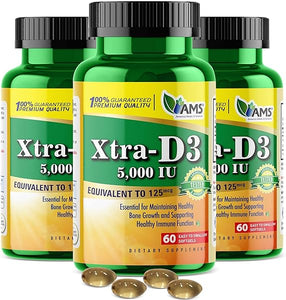 America Medic & Science Xtra D3 Vitamin D 5,000 IU (125 mcg)Cholecalciferol Supplement for Men & Women(180Easy to Swallow Softgels) 3pack|Best for Bone,Heart Health,Immune System Support,Lung Function in Pakistan