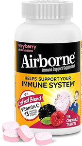Airborne 1000mg Vitamin C with Zinc, Immune Support Supplement with Powerful Antioxidants Vitamins A C & E - 116 Chewable Tablets, Very Berry Flavor in Pakistan