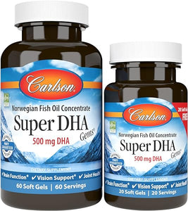 Super DHA Gems, 500 mg DHA Supplements, 640 mg Fatty Acids, Wild-Caught Norwegian Arctic Fish Oil Concentrate, Sustainably Sourced Nordic Fish Oil Capsules, 60+20 Softgels in Pakistan