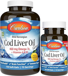 Cod Liver Oil Gems, 460 mg Omega-3s + Vitamins A & D3, Wild-Caught Norwegian Arctic Cod Liver Oil, Sustainably Sourced Nordic Fish Oil Capsules, Lemon, 180 Softgels in Pakistan