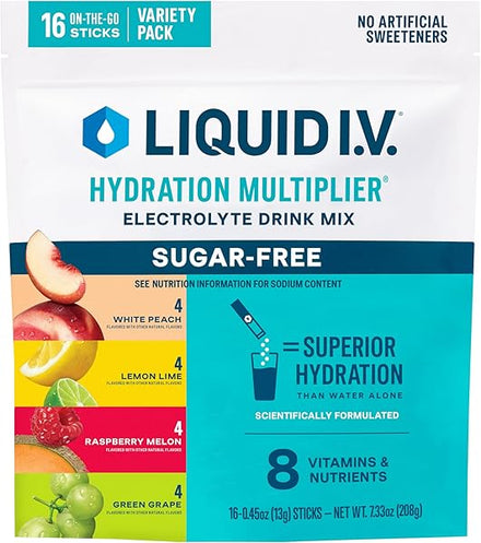 Liquid I.V.® Hydration Multiplier® Sugar - Free - Raspberry Melon, Lemon Lime, White Peach, Green Grape - Hydration Powder Packets, Electrolyte Powder Drink Mix | 16 Servings (Pack of 1) in Pakistan