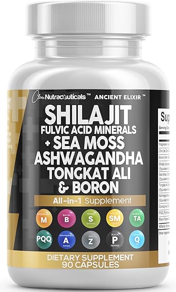 Clean Nutraceuticals Shilajit Supplement 10,000mg with Sea Moss 6000mg, Ashwagandha 6000mg, Tongkat Ali, Boron, Magnesium - Fulvic Acid Capsules for Men - 90 Count in Pakistan in Pakistan