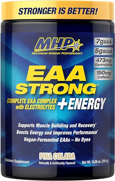 EAA Strong + Energy, Essential Amino Acid Supplement, All 9 EAAs, BCAAs, Electrolytes, Coconut Water, Pre-Workout Enhances Muscle Building, Performance, Recovery, Caffeine, Pina Colada, 30 Servings in Pakistan