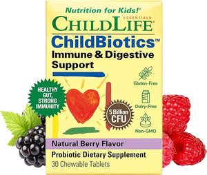 CHILDLIFE ESSENTIALS ChildBiotics Immune & Digestive Support - Kids Probiotic, Contains Live Probiotics, Good for Digestion & Immune Support, Allergen-Free, Non-GMO - Natural Berry Flavor, 30 Tablets in Pakistan