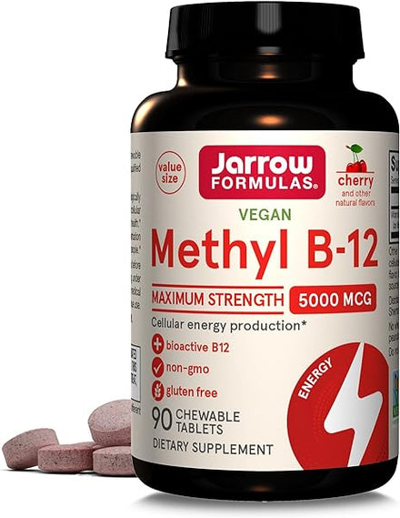 Jarrow Formulas Maximum Strength Methyl B-12 5000 mcg - Dietary Supplement - 90 Cherry Flavored Chewable Tablets - Bioactive Vitamin B-12 - Supports Cellular Energy Production, Sleep & Brain Health in Pakistan