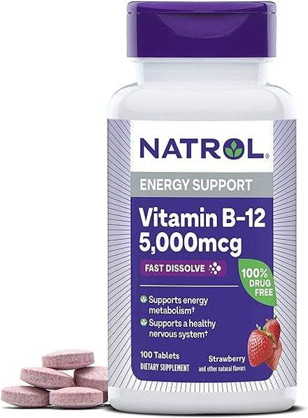 Vitamin B12 Fast Dissolve Tablets, Promotes Energy, Supports a Healthy Nervous System, Maximum Strength, Strawberry Flavor, 5,000mcg, 100 Count in Pakistan