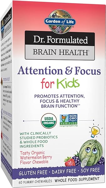 Garden of Life Dr. Formulated Attention and Focus for Kids, Supplement Promotes Healthy Brain Function, Concentration with Organic Wild Blueberry, Pine Bark, Vitamin C, D and Probiotics, 60 Count in Pakistan