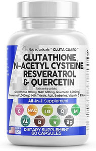 Clean Nutraceuticals Glutathione 500mg Supplement with Vitamin C N Acetyl Cysteine 600mg Berberine 1000mg Resveratrol Quercetin Alpha Lipoic Acid - Reduced L Glutathion Free Form Women 60 Ct USA Made in Pakistan