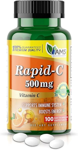 America Medic & Science Rapid-C 500mg Vitamin C Supplement (1 Pack of 100 Tablets) Energy Booster, Daily Immune System Support, Antioxidant | Vegan, Non-GMO Coated Ascorbic Acid for Adult Men & Women in Pakistan