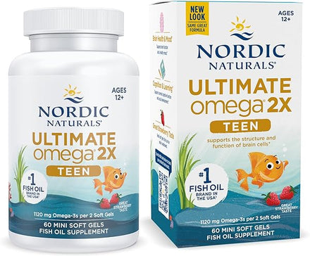 Ultimate Omega 2X Teen, Strawberry - 60 Mini Soft Gels - 1120 mg Total Omega-3s with EPA & DHA - Brain Health, Positive Mood, Social Development, Learning - Non-GMO - 30 Servings in Pakistan