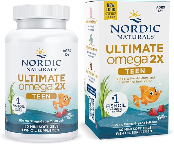 Ultimate Omega 2X Teen, Strawberry - 60 Mini Soft Gels - 1120 mg Total Omega-3s with EPA & DHA - Brain Health, Positive Mood, Social Development, Learning - Non-GMO - 30 Servings in Pakistan in Pakistan