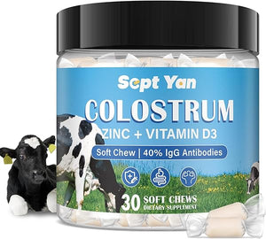 Colostrum Soft Chew Supplement (3000mg + 40% IgG), Concentrated Bovine Colostrum Superfood Plus Vitamin D3 & Zine for Gut Health, Immune Support, Muscle Recovery & Wellness, Grass Fed, 30 Chews in Pakistan