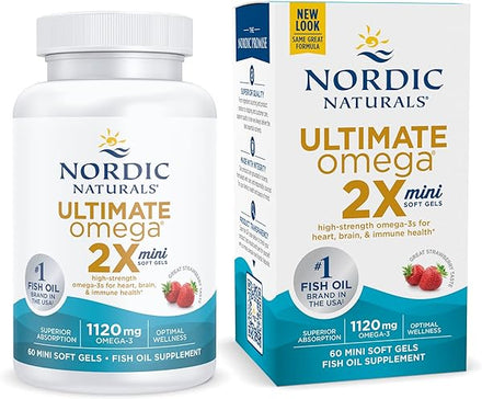 Ultimate Omega 2X Mini, Strawberry Flavor - 60 Mini Soft Gels - 1120 mg Omega-3 - High-Potency Omega-3 Fish Oil Supplement - EPA & DHA - Promotes Brain & Heart Health - 30 Servings in Pakistan