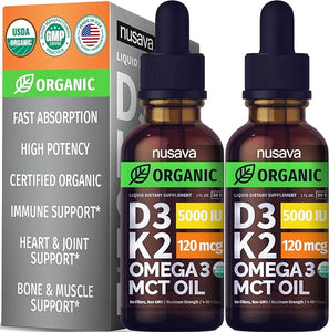 (2 Pack) Organic Vitamin D3 K2 Drops w MCT Oil Omega 3, 5000 IU, Vitamin D Liquid 5000 IU, No Fillers, Non-GMO Liquid D3 for Body’s Defenses & Faster Absorption, Unflavored, 2 Fl Oz Liquid Vitamin D3 in Pakistan
