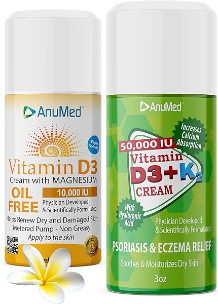 ANUMED Bundle Natural Cream with Vitamin (D3+K2 50,000 IU), (D3 10,000 IU oil-Free) Powerful Ingredients with Hyaluronic Acid, Magnesium, Vitamin E, Zinc, Vegan, Vitamin B3. Non-GMO, Gluten-Free (3oz) in Pakistan