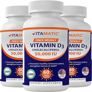 Vitamatic 3 Pack Vitamin D3 50,000 IU (as Cholecalciferol), Once Weekly Dose, 1250 mcg, 60 Veggie Capsules 1 Year Supply, Progressive Formula Helping Vitamin D Deficiencies in Pakistan