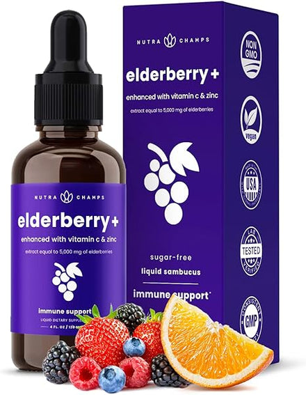 Organic Elderberry Syrup [5000mg Strength] Plus Zinc & Vitamin C Liquid Extract for Kids & Adults - Immune System Support - Vegan Sambucus Nigra Antioxidant Drops Supplement | Berry Flavor 4oz in Pakistan