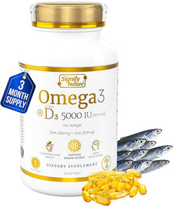 Omega 3 Fish Oil with Vitamin D3 5000 IU - 1000mg Triglyceride Fish Oil Capsules for Brain Health - Optimal Ratio EPA DHA Omega 3 Vitamin D 3 Blend - VIT D3 & Omega 3 Supplement - 90CT in Pakistan
