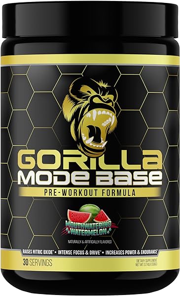 Gorilla Mode Base Pre Workout - Raises Nitric Oxide · Intense Focus & Drive · Endurance · Power - L-Citrulline, L-Tyrosine, Betaine, Alpha-GPC, Caffeine, Huperzine A - 360 Grams (Watermelon) in Pakistan