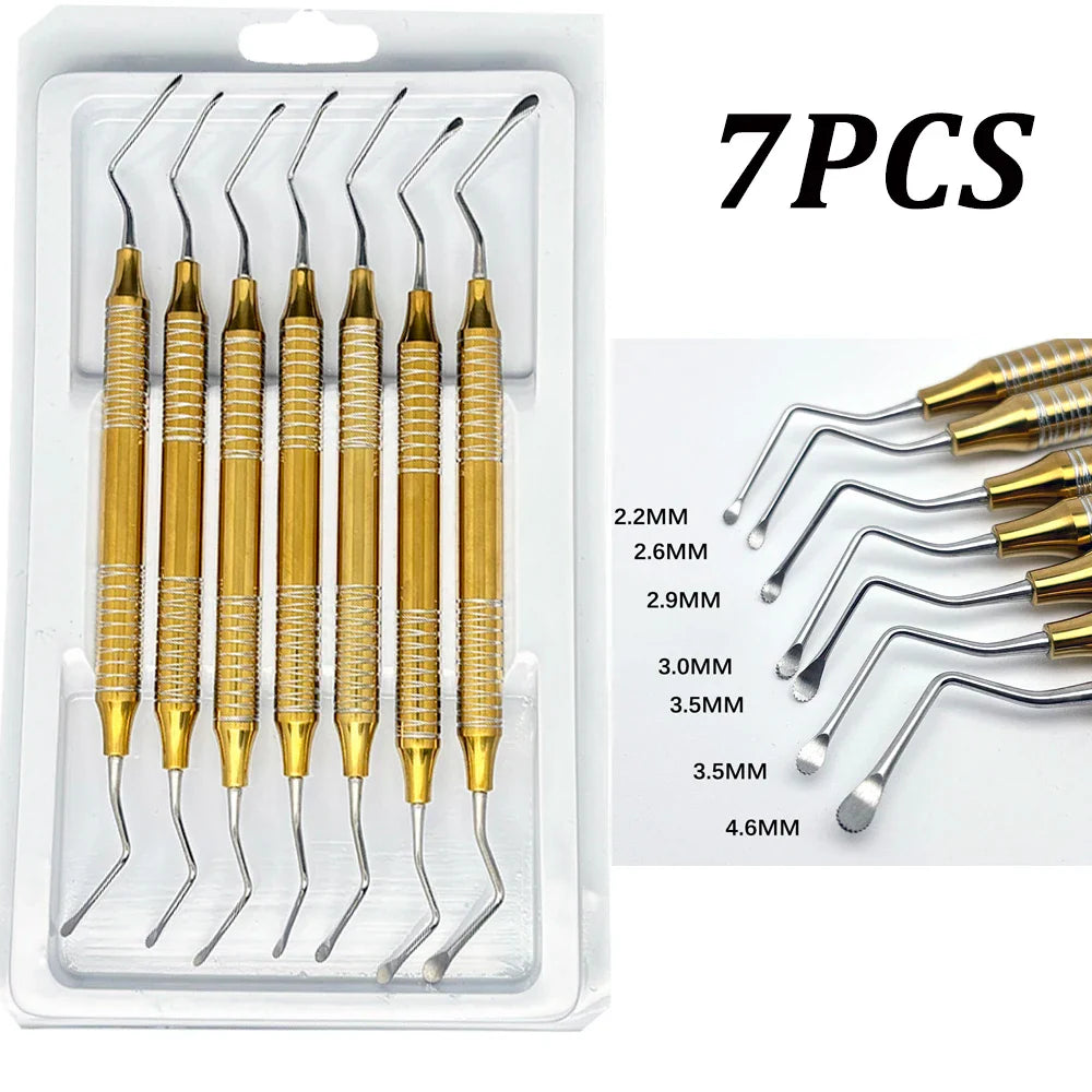 7Pcs/set Dental Curette Jagged Curettes Kit Dentistry Double Ends Cleaning Excavator Restorative Spoon Implant Tools