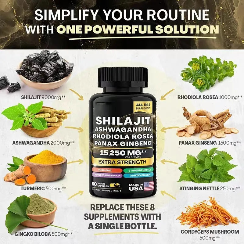 8-IN-1 Shilajit Capsules Pure Himalaya Supplement Supports Energy Endurance Muscle Building and Stress Relief