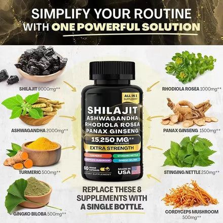 8-IN-1 Shilajit Capsules Pure Himalaya Supplement Supports Energy Endurance Muscle Building and Stress Relief
