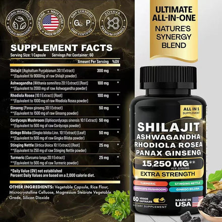 8-IN-1 Shilajit Capsules Pure Himalaya Supplement Supports Energy Endurance Muscle Building and Stress Relief