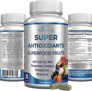 Super Antioxidant Fruit Superfood Complex - Powerful Antioxidant Superfruits, Acai, Goji, Noni, Mangosteen, Pomegranate, Elderberry, Resveratrol, Immune Support, Skin Care - 60 Capsules in Pakistan