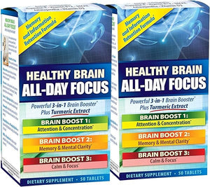 Healthy Brain All-Day Focus - 50 Tablets, Pack of 2 - Powerful 3-in-1 Brain Booster with Turmeric Extract - 50 Total Servings in Pakistan