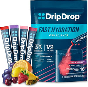 DripDrop Hydration Juicy Variety Pack - Electrolyte Drink Mix Single-Serve Powder Packets - Grape, Fruit Punch, Strawberry Lemonade, Cherry - 16 Servings in Pakistan