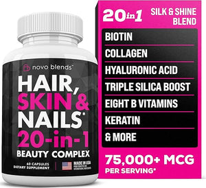 Biotin, Collagen, Silica, Hyaluronic Acid & Keratin - Hair Skin and Nails Vitamins for Hair Growth Support - Supplements for Women, Men - With B Vitamin Complex - Nails & Skin - 60 Capsules in Pakistan