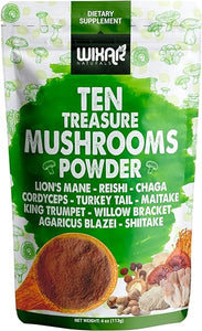 Wixar Mushroom Powder - Ten Treasure Mushrooms Extract Supplement Blend for Coffee & Smoothies - Lions Mane, Turkey Tail, Reishi, Chaga, Shiitake, Cordyceps, Complex - 4oz Mushroom Supplement in Pakistan