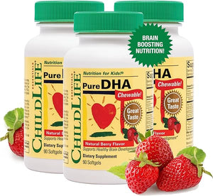 CHILDLIFE ESSENTIALS Pure DHA Dietary Supplement - DHA for Kids, Supports Healthy Brain Growth & Function, All-Natural, Gluten-Free, Kids DHA Supplement - Natural Strawberry Flavor, 90 Count (3 Pack) in Pakistan