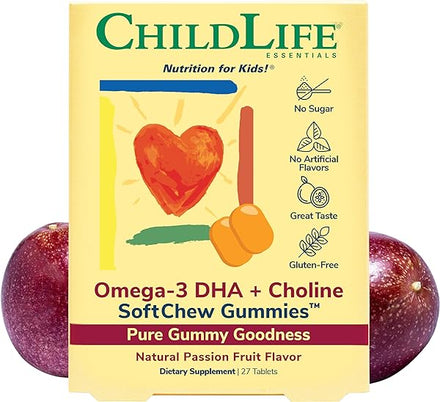 CHILDLIFE ESSENTIALS Omega-3 DHA + Choline SoftChews - All-Natural Support for Optimal Brain & Nervous System Development & Function in Children & Teens, Sugar-Free - Passion Fruit Flavor, 27 Tablets in Pakistan