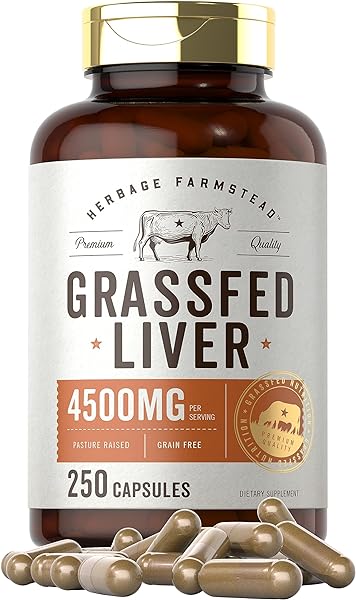 Grass Fed Beef Liver Capsules 4500mg | 250 Count | Desiccated Supplement | Non-GMO, Gluten Free | by Herbage Farmstead in Pakistan