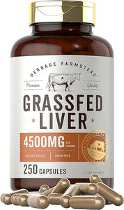 Grass Fed Beef Liver Capsules 4500mg | 250 Count | Desiccated Supplement | Non-GMO, Gluten Free | by Herbage Farmstead in Pakistan