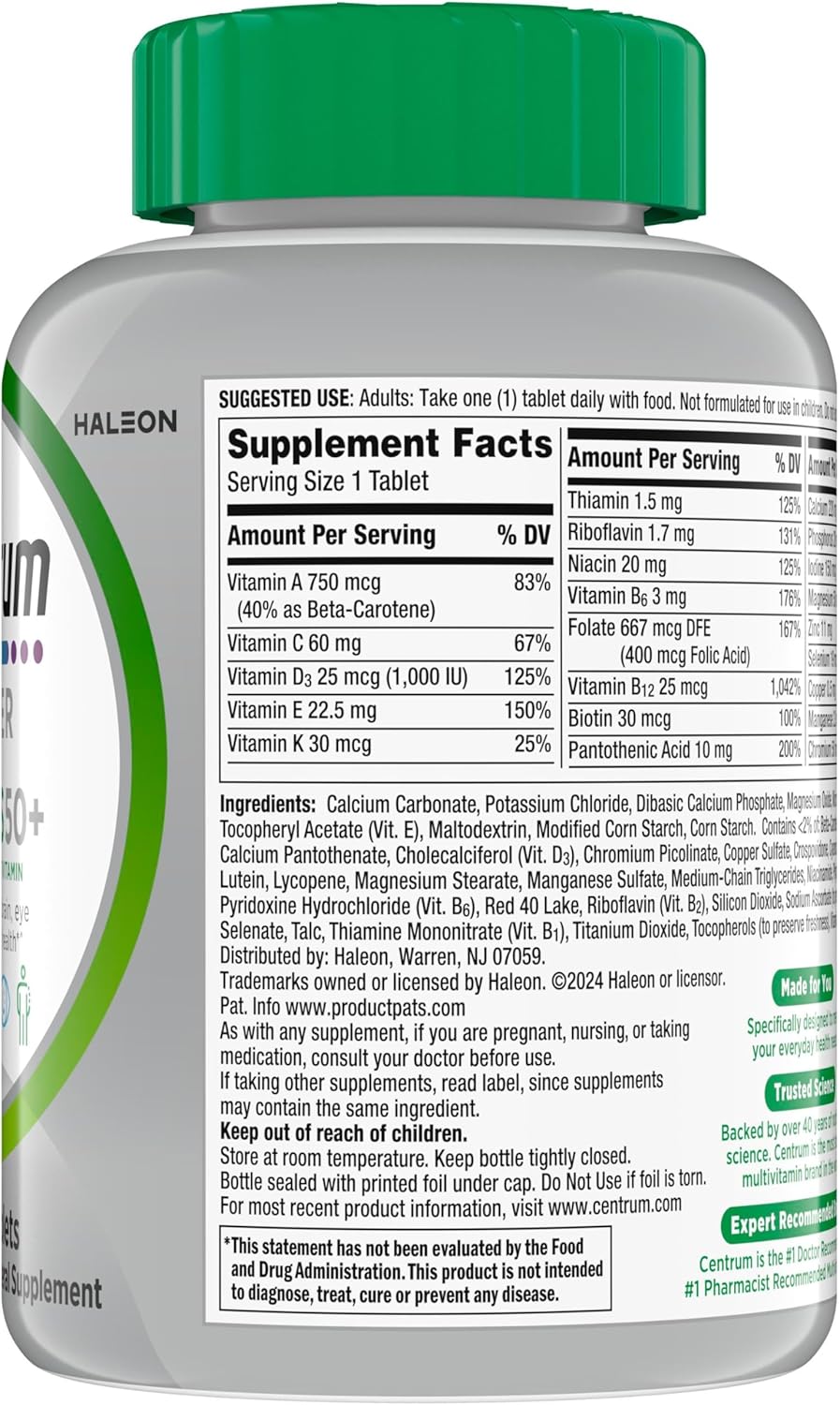 Centrum Silver Multivitamin for Adults 50 Plus, Multivitamin/Multimineral Supplement, Vitamin D3, B Vitamins, Gluten Free, Non-GMO Ingredients, Supports Memory and Cognition in Older Adults - 220 Ct